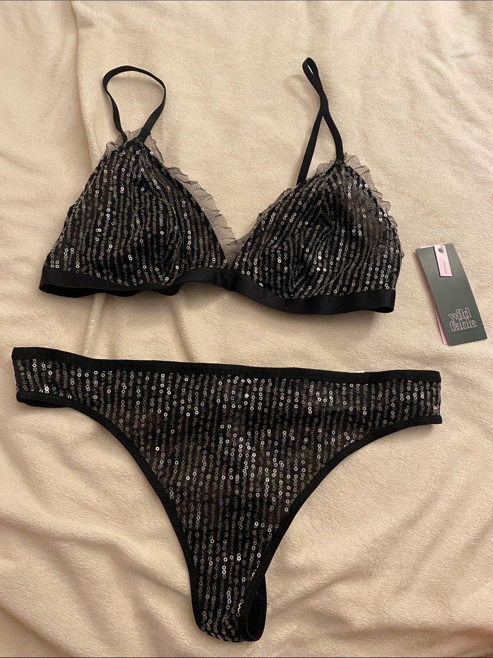 wild fable Black Sequin Lace-Trim Bralette & Bikini Set